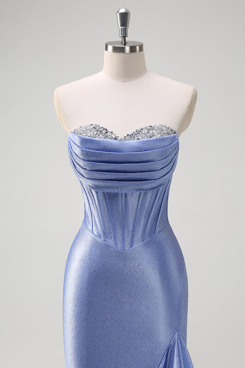 Laden Sie das Bild in den Galerie-Viewer, Glitzer Graublau Korsett Satin Lange Abendkleid mit Rüschen Schlitz
