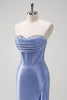 Laden Sie das Bild in den Galerie-Viewer, Glitzer Graublau Korsett Satin Lange Abendkleid mit Rüschen Schlitz