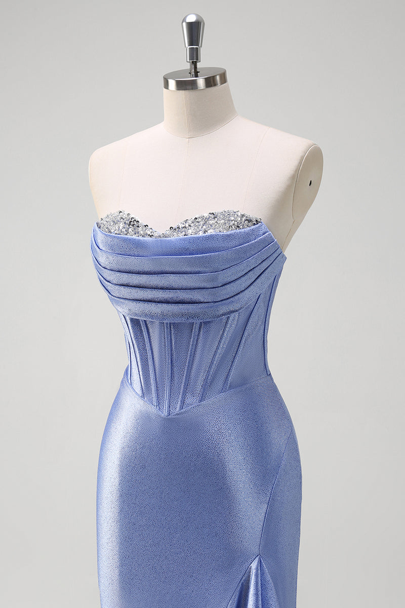 Laden Sie das Bild in den Galerie-Viewer, Glitzer Graublau Korsett Satin Lange Abendkleid mit Rüschen Schlitz