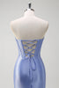 Laden Sie das Bild in den Galerie-Viewer, Glitzer Graublau Korsett Satin Lange Abendkleid mit Rüschen Schlitz