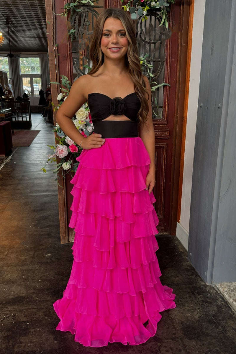 Laden Sie das Bild in den Galerie-Viewer, Schwarzer Gestufte Schätzchen Chiffon Langes Abendkleid mit Schlitz