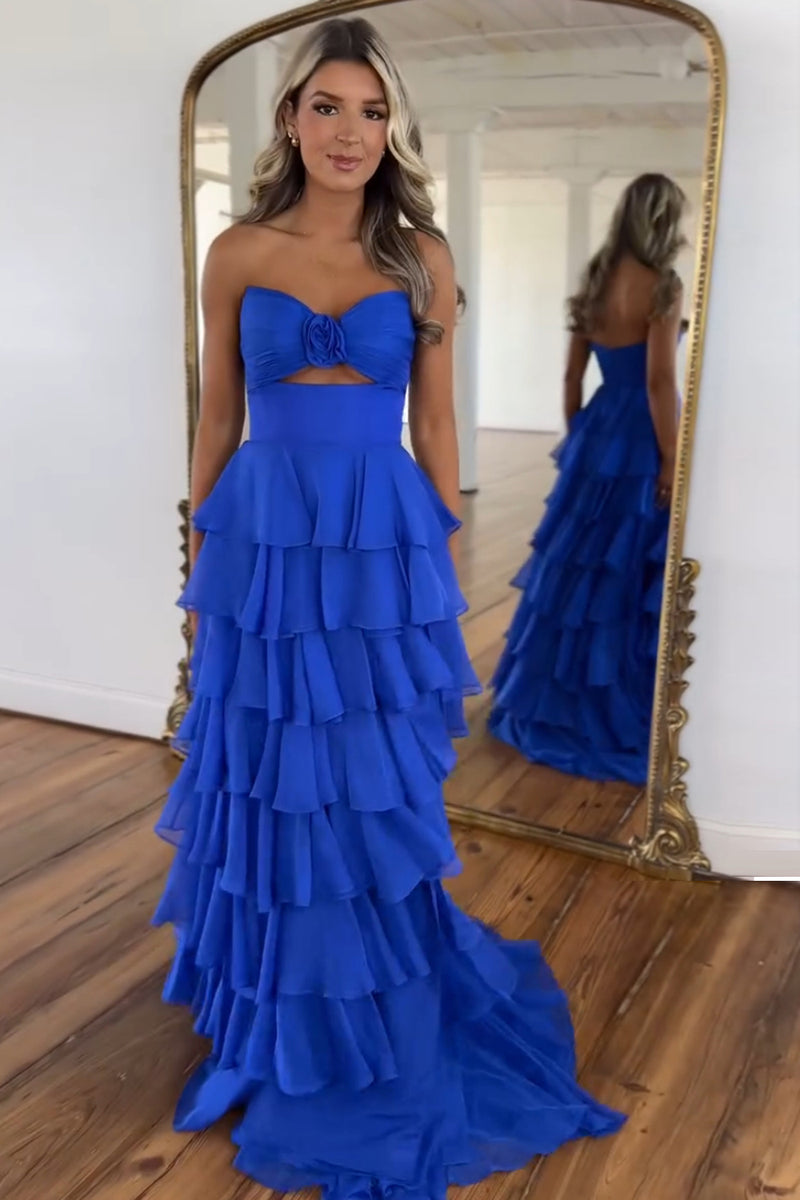 Laden Sie das Bild in den Galerie-Viewer, Schwarzer Gestufte Schätzchen Chiffon Langes Abendkleid mit Schlitz