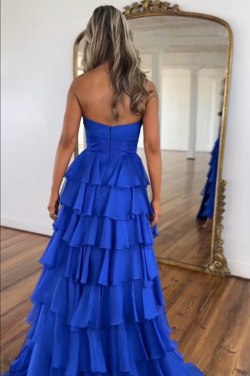 Laden Sie das Bild in den Galerie-Viewer, Schwarzer Gestufte Schätzchen Chiffon Langes Abendkleid mit Schlitz