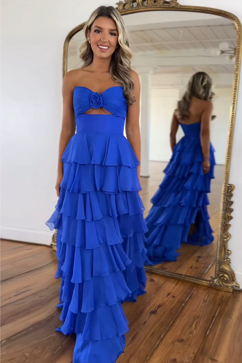 Laden Sie das Bild in den Galerie-Viewer, Schwarzer Gestufte Schätzchen Chiffon Langes Abendkleid mit Schlitz