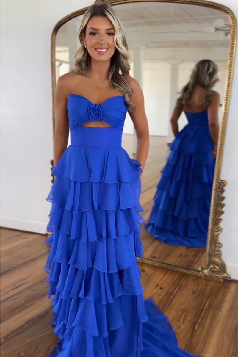 Laden Sie das Bild in den Galerie-Viewer, Schwarzer Gestufte Schätzchen Chiffon Langes Abendkleid mit Schlitz