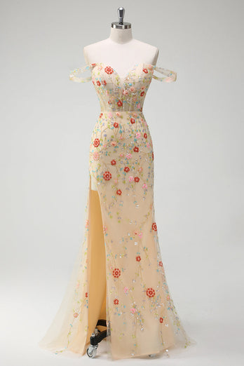 Glitze Champagner Schulterfreies Korsett Langes Ballkleid mit Schlitz