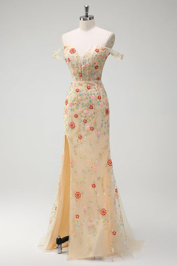 Glitze Champagner Schulterfreies Korsett Langes Ballkleid mit Schlitz
