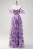 Laden Sie das Bild in den Galerie-Viewer, Lila A Linie Korsett Blumen Gestaffelt Langes Ballkleid mit Schlitz