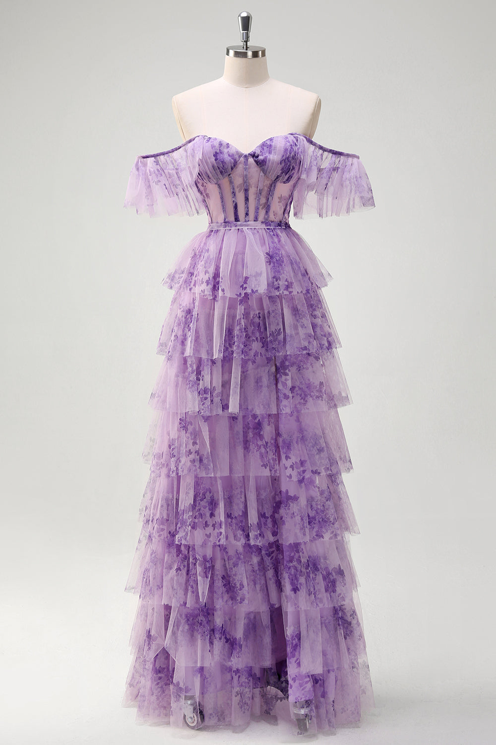 Lila A Linie Korsett Blumen Gestaffelt Langes Ballkleid mit Schlitz