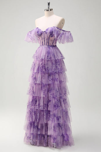 Lila A Linie Korsett Blumen Gestaffelt Langes Ballkleid mit Schlitz