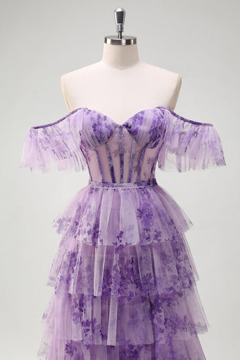 Lila A Linie Korsett Blumen Gestaffelt Langes Ballkleid mit Schlitz