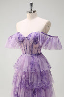 Laden Sie das Bild in den Galerie-Viewer, Lila A Linie Korsett Blumen Gestaffelt Langes Ballkleid mit Schlitz