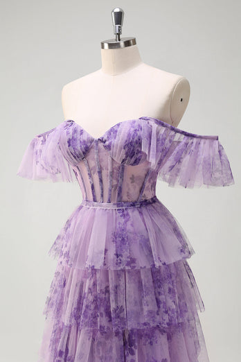 Lila A Linie Korsett Blumen Gestaffelt Langes Ballkleid mit Schlitz