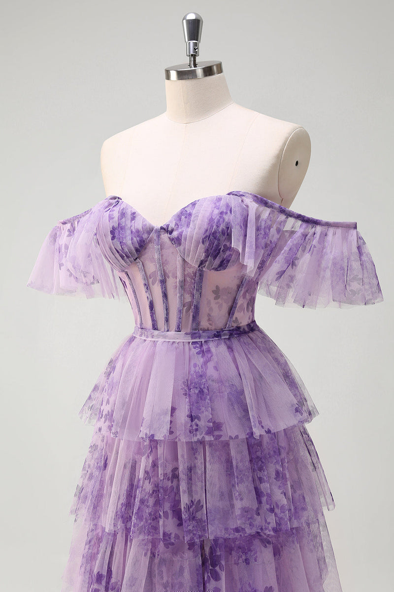 Laden Sie das Bild in den Galerie-Viewer, Lila A Linie Korsett Blumen Gestaffelt Langes Ballkleid mit Schlitz