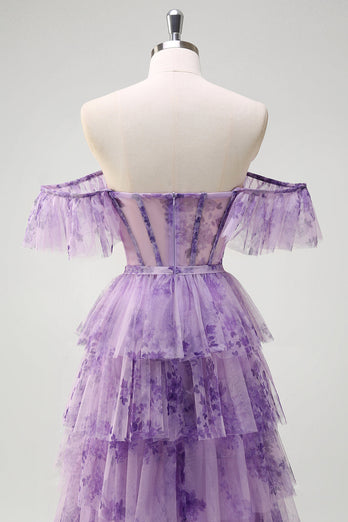 Lila A Linie Korsett Blumen Gestaffelt Langes Ballkleid mit Schlitz