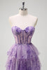 Laden Sie das Bild in den Galerie-Viewer, Lila A Linie Korsett Blumen Gestaffelt Langes Ballkleid mit Schlitz