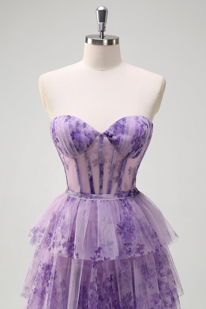Laden Sie das Bild in den Galerie-Viewer, Lila A Linie Korsett Blumen Gestaffelt Langes Ballkleid mit Schlitz