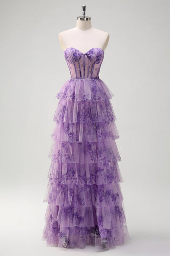 Lila A Linie Korsett Blumen Gestaffelt Langes Ballkleid mit Schlitz