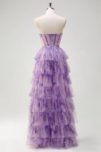 Lila A Linie Korsett Blumen Gestaffelt Langes Ballkleid mit Schlitz