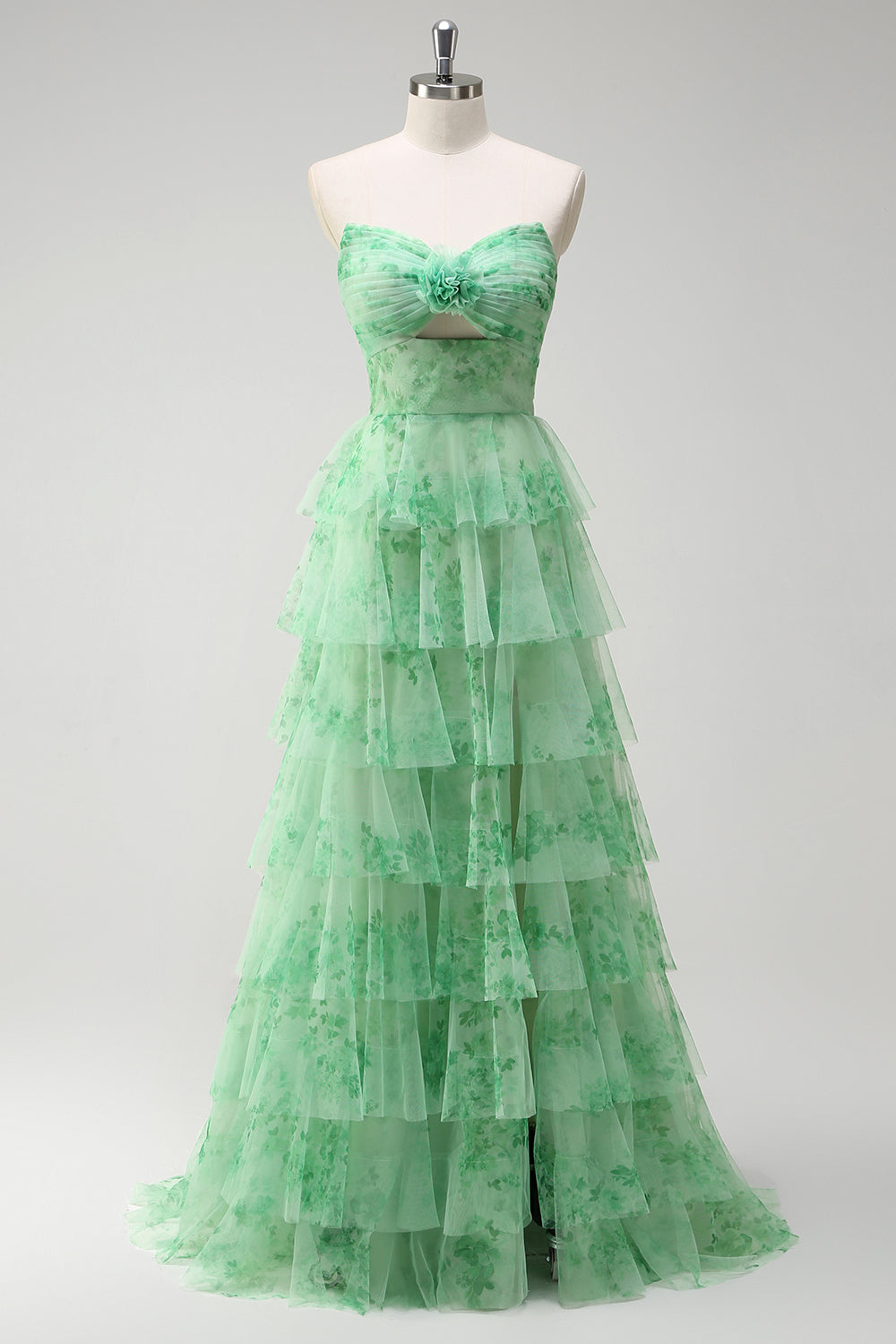 Blumengrünes A Linien Trägerloses Ballkleid mit Rüschen Schlitz