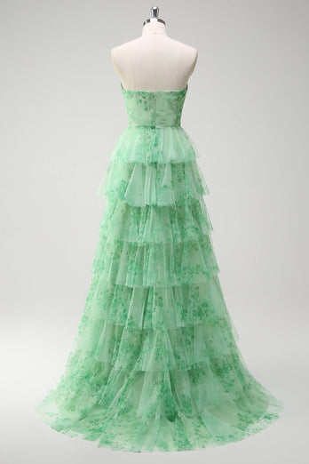 Blumengrünes A Linien Trägerloses Ballkleid mit Rüschen Schlitz
