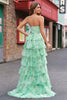 Laden Sie das Bild in den Galerie-Viewer, Blumengrünes A Linien Trägerloses Ballkleid mit Rüschen Schlitz