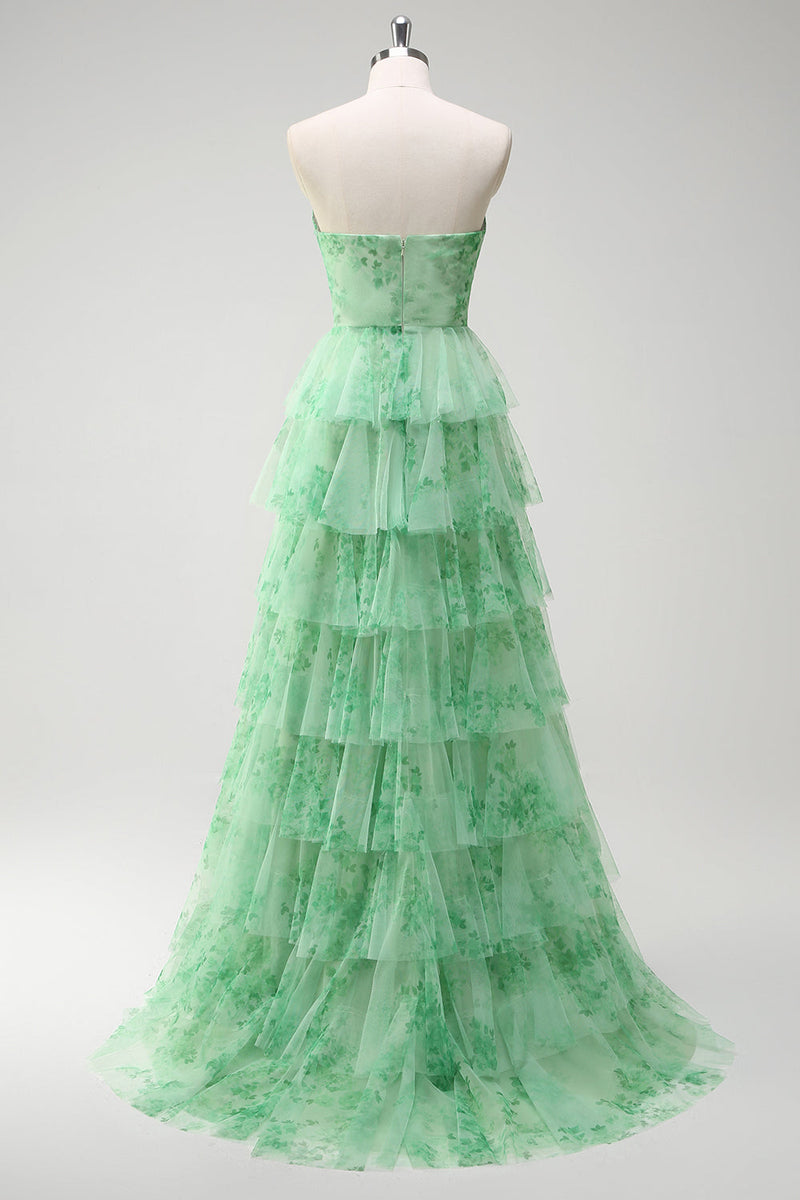 Laden Sie das Bild in den Galerie-Viewer, Blumengrünes A Linien Trägerloses Ballkleid mit Rüschen Schlitz