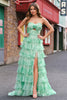 Laden Sie das Bild in den Galerie-Viewer, Grün Bedrucktes A Linien Trägerlos Langes Ballkleid mit Schlitz