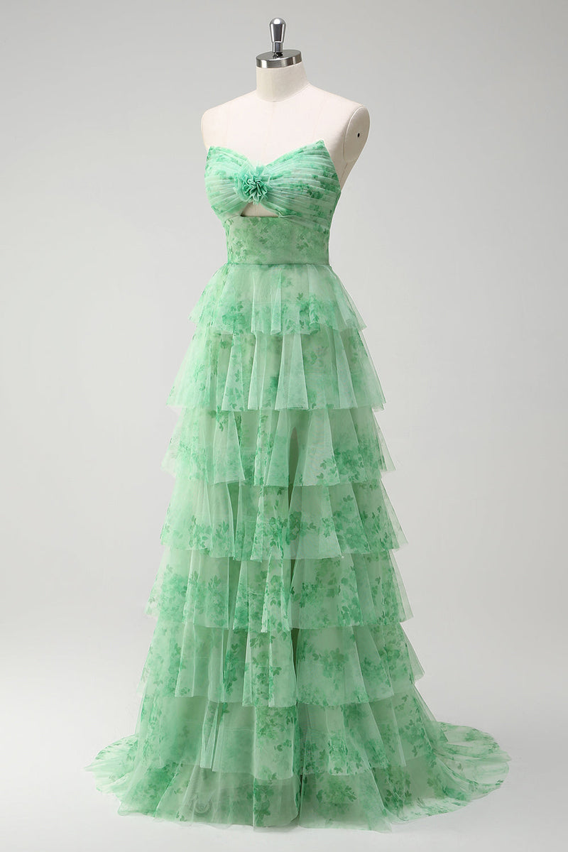Laden Sie das Bild in den Galerie-Viewer, Blumengrünes A Linien Trägerloses Ballkleid mit Rüschen Schlitz