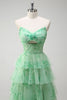 Laden Sie das Bild in den Galerie-Viewer, Blumengrünes A Linien Trägerloses Ballkleid mit Rüschen Schlitz