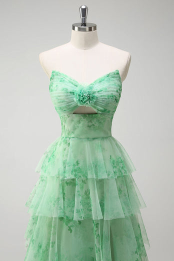 Blumengrünes A Linien Trägerloses Ballkleid mit Rüschen Schlitz
