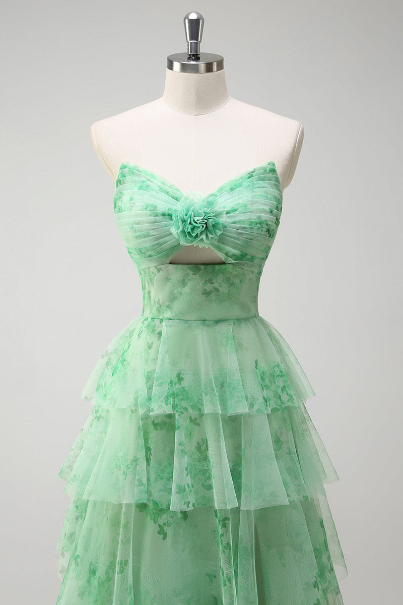 Laden Sie das Bild in den Galerie-Viewer, Blumengrünes A Linien Trägerloses Ballkleid mit Rüschen Schlitz
