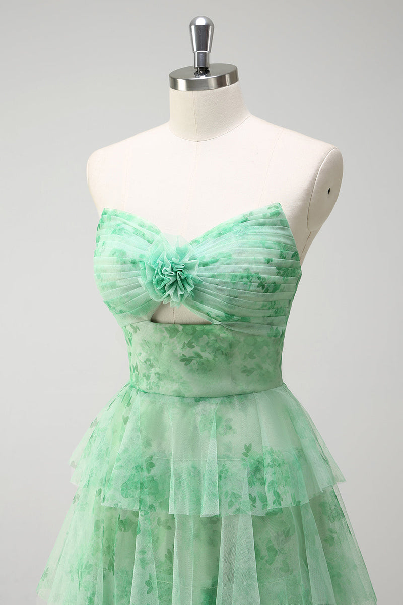 Laden Sie das Bild in den Galerie-Viewer, Blumengrünes A Linien Trägerloses Ballkleid mit Rüschen Schlitz