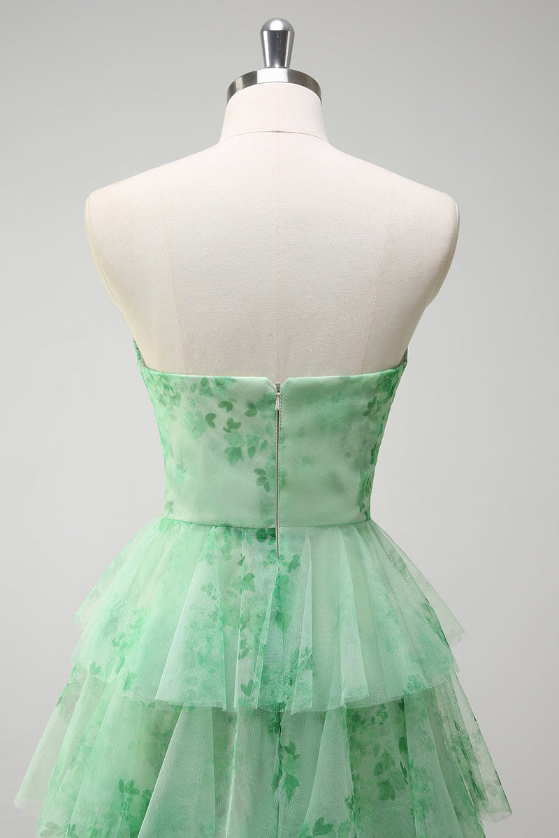Laden Sie das Bild in den Galerie-Viewer, Blumengrünes A Linien Trägerloses Ballkleid mit Rüschen Schlitz