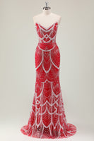 Laden Sie das Bild in den Galerie-Viewer, Glitzer Dunkelgrün Korsett Meerjungfrau Langes Abendkleider mit Perlen