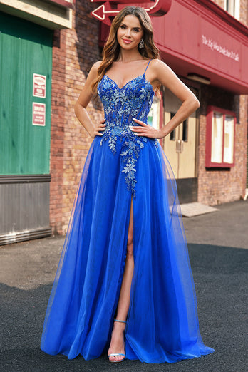 Blumen Königsblau Appliziertes Korsett Langes Tüll Abendkleid mit Schlitz