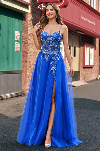 Blumen Königsblau Appliziertes Korsett Langes Tüll Abendkleid mit Schlitz