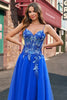 Laden Sie das Bild in den Galerie-Viewer, Blumen Königsblau Appliziertes Korsett Langes Tüll Abendkleid mit Schlitz