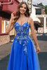 Laden Sie das Bild in den Galerie-Viewer, Blumen Königsblau Appliziertes Korsett Langes Tüll Abendkleid mit Schlitz