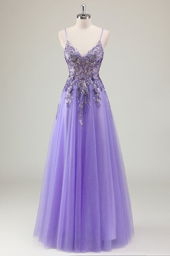 Glitzer Lila Spaghettiträger Langes Abendkleid mit Applikationen