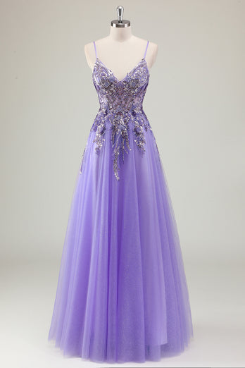 Glitzer Lila Spaghettiträger Langes Abendkleid mit Applikationen