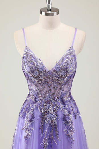 Glitzer Lila Spaghettiträger Langes Abendkleid mit Applikationen