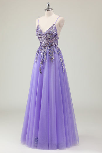 Glitzer Lila Spaghettiträger Langes Abendkleid mit Applikationen
