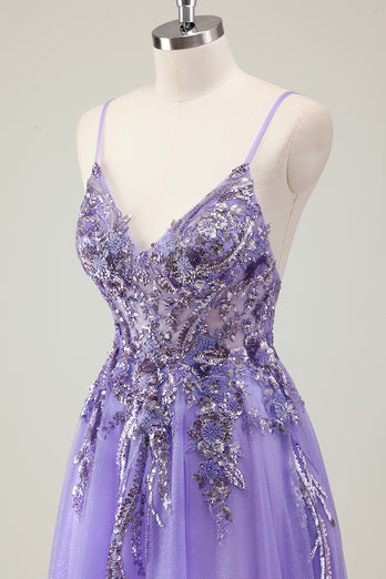 Glitzer Lila Spaghettiträger Langes Abendkleid mit Applikationen