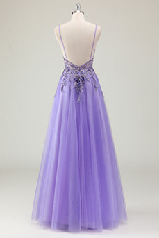 Glitzer Lila Spaghettiträger Langes Abendkleid mit Applikationen