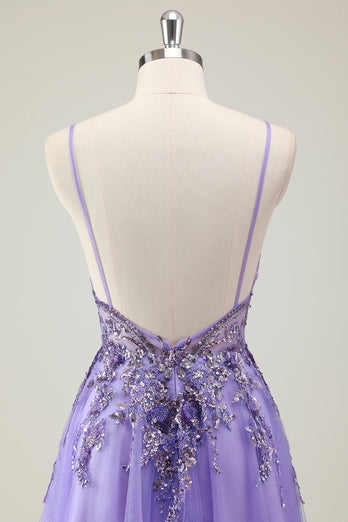 Glitzer Lila Spaghettiträger Langes Abendkleid mit Applikationen