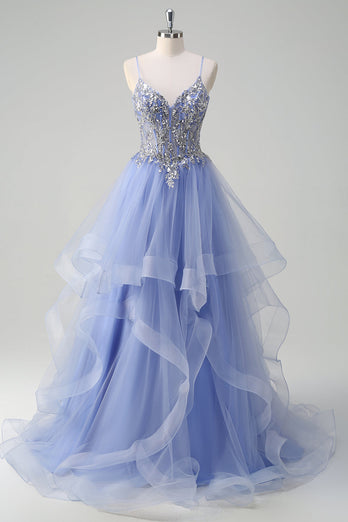 Glitzer Hellblau A Linien Spaghettiträger Tüll Langes Ballkleid mit Rüschen