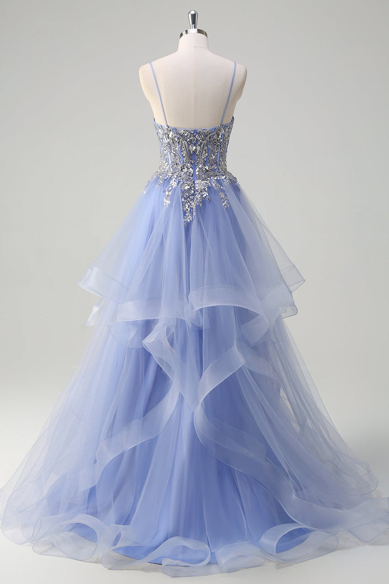 Laden Sie das Bild in den Galerie-Viewer, Glitzer Hellblau A Linien Spaghettiträger Tüll Langes Ballkleid mit Rüschen
