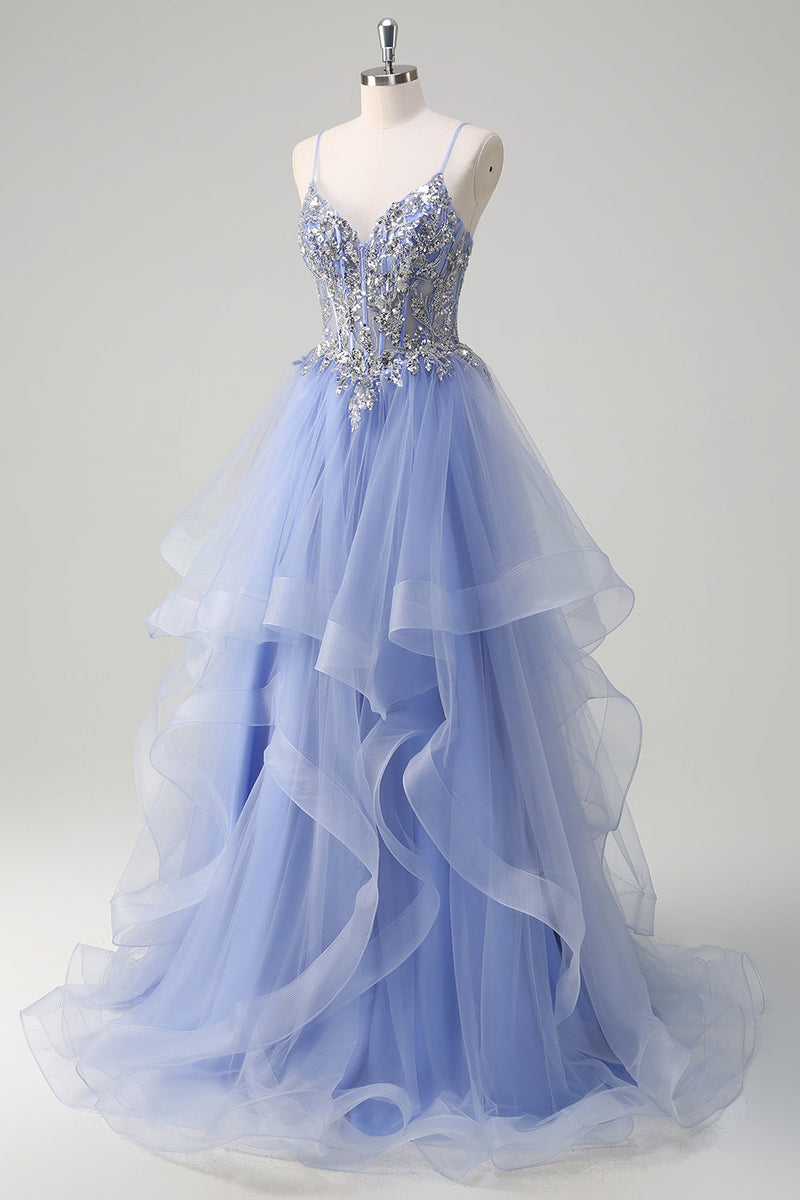 Laden Sie das Bild in den Galerie-Viewer, Glitzer Hellblau A Linien Spaghettiträger Tüll Langes Ballkleid mit Rüschen