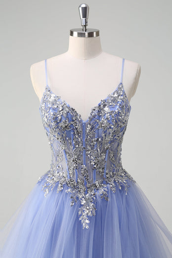Glitzer Hellblau A Linien Spaghettiträger Tüll Langes Ballkleid mit Rüschen